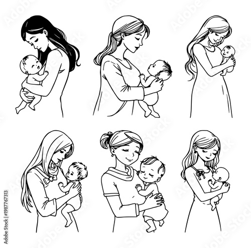 Mom & baby illustration set with black line art on white background featuring maternity, infant, family with motherhood and parenting