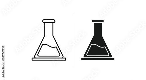 Minimalist Erlenmeyer flask icons in outline and solid styles for chemistry laboratory research, scientific experimentation, and medical education design projects.