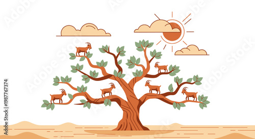 Celebrating the International Day of Argania Goats climbing a vibrant Argan tree under a desert sun, symbolizing ecological resilience and biodiversity