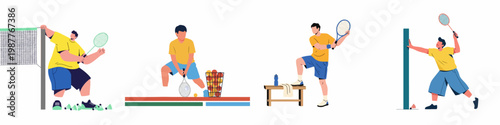 Set of vector illustrations featuring men playing badminton and tennis, training, stretching, and preparing for sports activities on a white background.