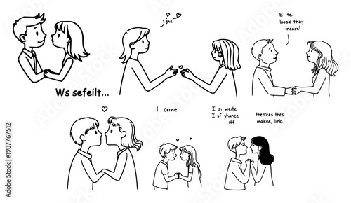 Relationship jokes set with funny cartoon characters featuring couple, love, dating with humor and comic elements