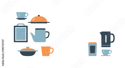 A collection of flat-style kitchenware icons featuring cups, a teapot, a pan, and a kettle in a blue and orange color scheme on a white background.