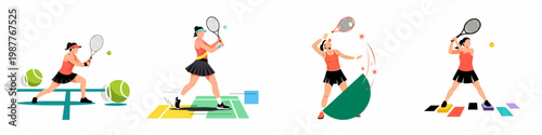 Set of four flat vector illustrations featuring female tennis players in action poses, including serving and hitting the ball on court.