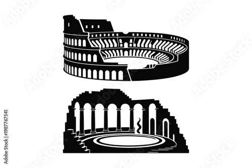 Ancient roman colosseum and amphitheater ruins vector illustration with landmark