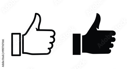 Minimalist thumbs up icon set featuring outline and solid black versions for digital interfaces, social media feedback, and customer satisfaction ratings