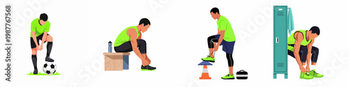 Illustrations of male athletes in lime green sportswear tying their shoelaces in different settings like a soccer field, training area, and locker room.