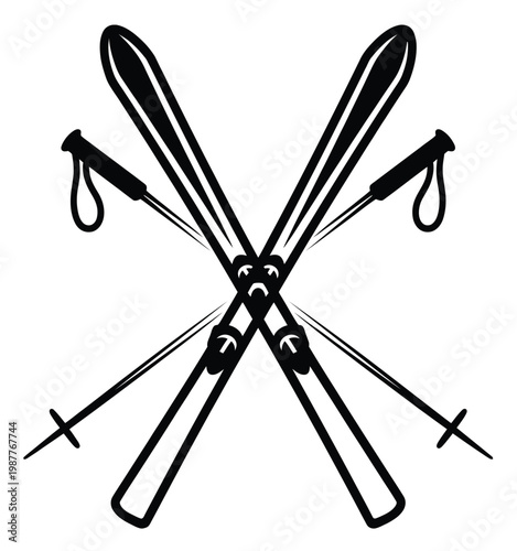 Skiing Emblem Silhouette – Crossed Skis and Poles Vector