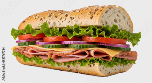 fresh sandwich isolated on white background, layered vegetables and meat