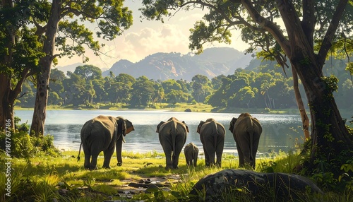 A family of elephants walks towards a serene lake, framed by lush trees, bathed in sunlight, with rolling hills in the distance