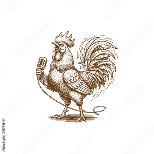 Hand-drawn vintage engraving illustration of a proud rooster singing into a retro microphone, isolated on a white background.