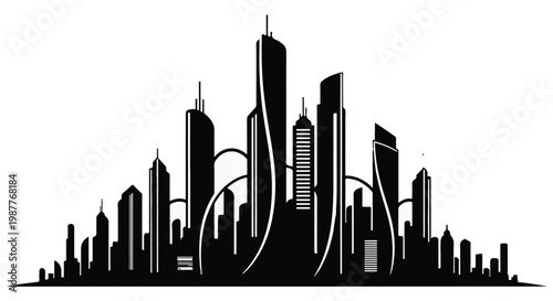 City skyline silhouette displays modern skyscrapers and urban architecture arranged in a dense metropolitan cluster.