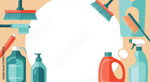 A collection of colorful cleaning supplies like brooms, spray bottles, and detergents border a central white circle on a beige backdrop.