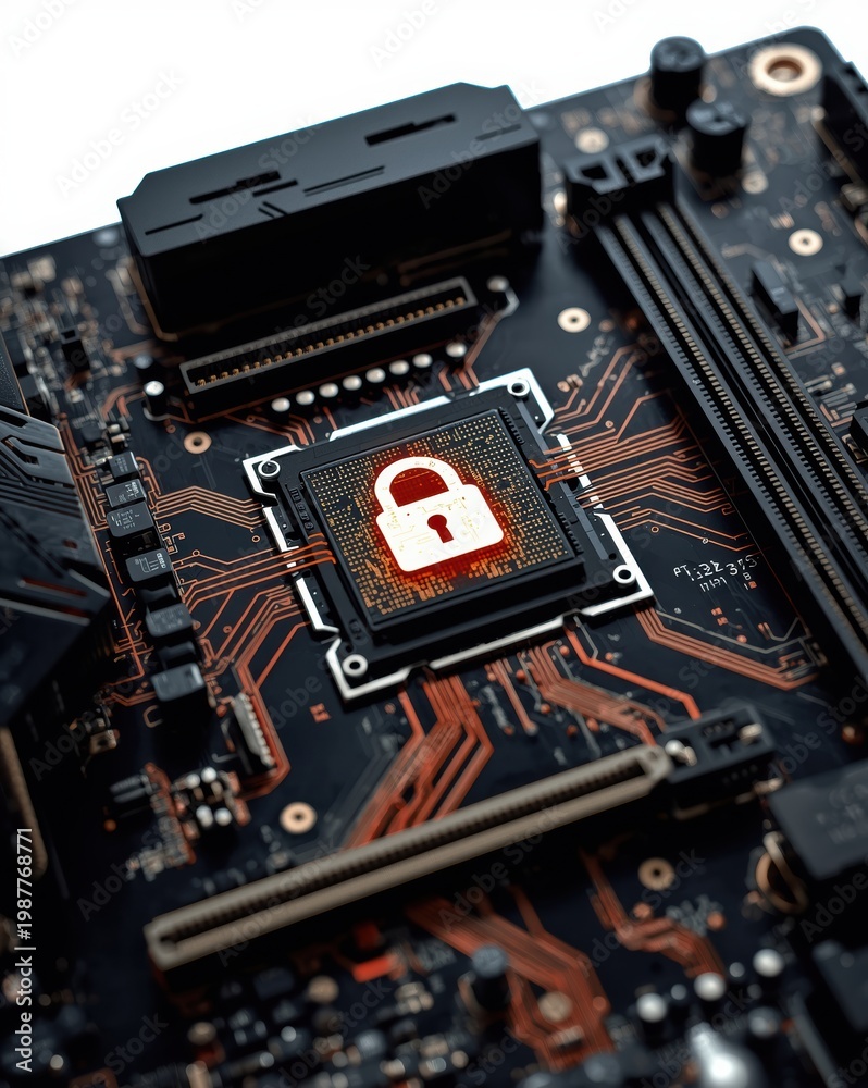 Fototapeta premium A close-up of a computer motherboard with a lock on it isolated on white background