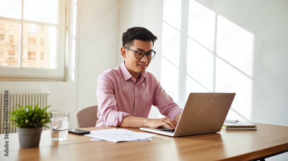 Obraz premium Man sitting at desk working on laptop computer isolated on white background