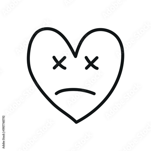 Artistic doodle dead emoji illustration vector design. A simple line drawing of a heart-shaped face featuring two crossed-Out Eyes and a downward-curved, frowning mouth.