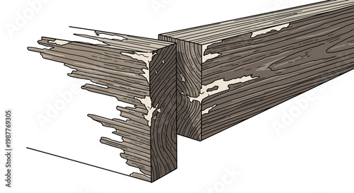 Damaged wooden beams, structural decay, weathered wood texture