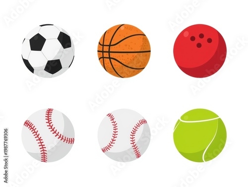 Sports balls collection with soccer, basketball, bowling, baseball and tennis equipment. Set of 6 athletic game balls on white background.