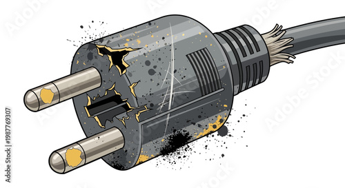 Damaged electrical power plug with frayed cord