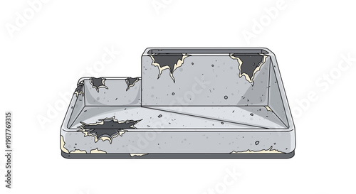 Damaged gray plastic tray, worn out, isolated on white background