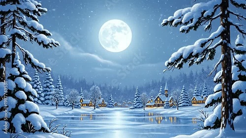 A beautiful winter landscape with snow-covered trees, houses and a bright full moon in the sky