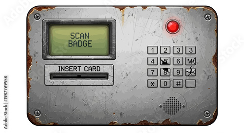 Retro security scanner panel with keypad and card slot.