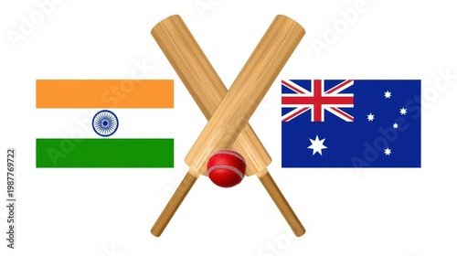 Cricket match concept with crossed wooden bats and red ball, national flags of India and Australia, sports competition and international tournament theme