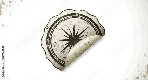 Vintage compass rose sticker with peeling corner on white background