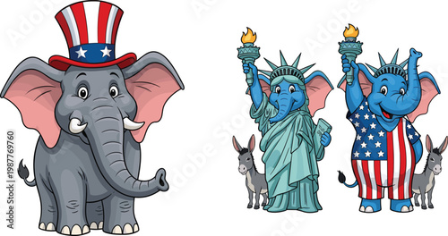 Cartoon American Political Elephant and Donkey Character Set with Patriotic USA Symbols for Election, Democracy, and National Designs
