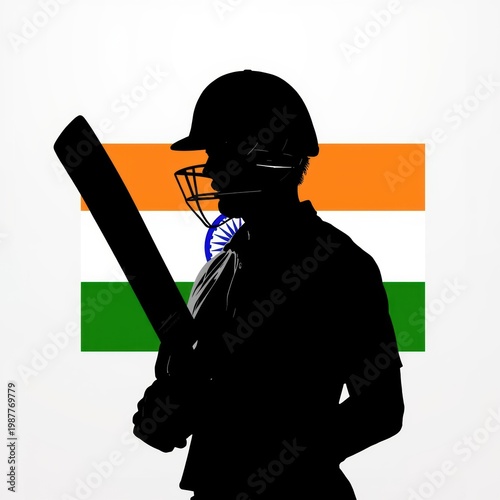 Cricket player silhouette with Indian flag background, professional batsman in helmet holding bat, national sports team concept