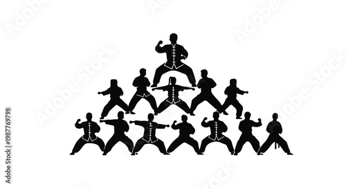 Martial artists in a pyramid formation demonstrate synchronized movements and traditional combat stances.
