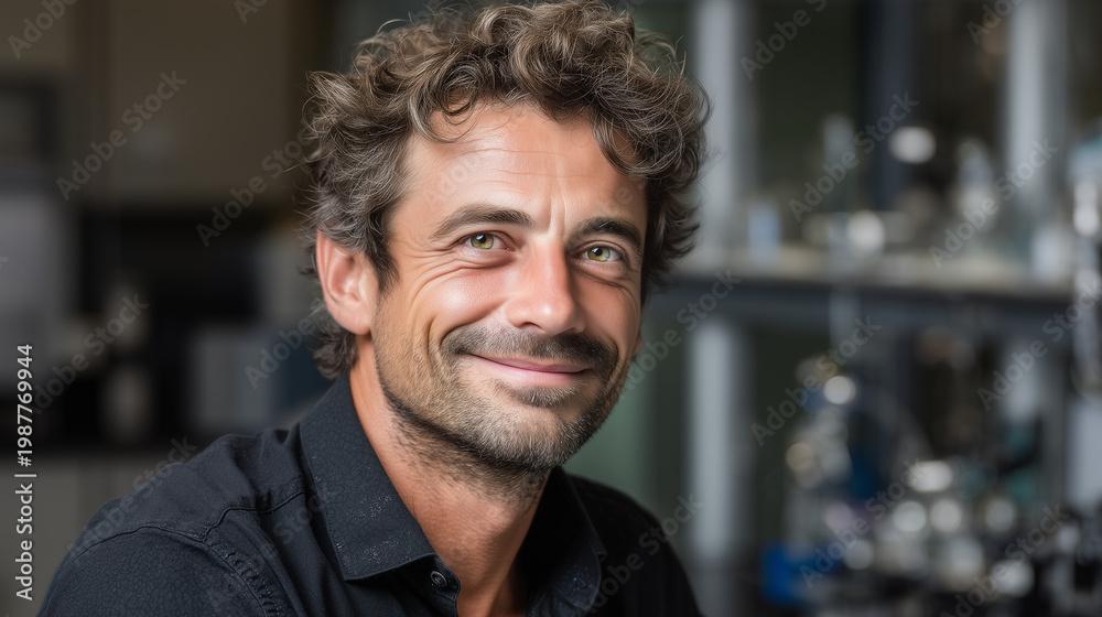 Obraz premium Smiling man with a thoughtful expression and a casual black shirt in a lab setting