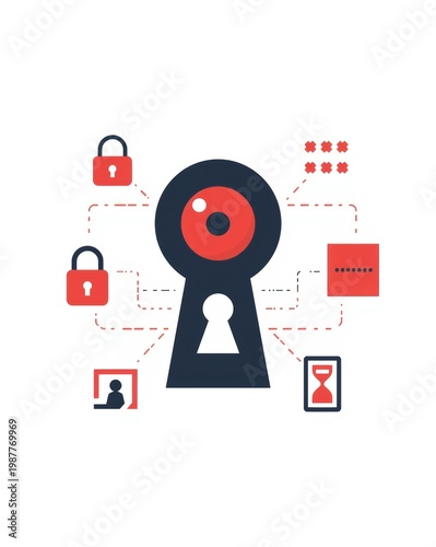 Cybersecurity concept illustration with keyhole and eye, digital data protection icons, network security and privacy monitoring symbols
