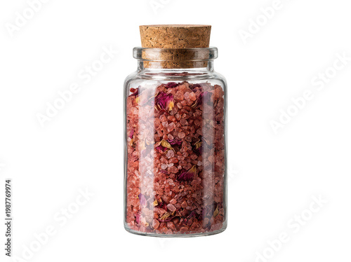 Foto Clear glass jar with cork stopper filled with vibrant pink coarse Himalayan bath