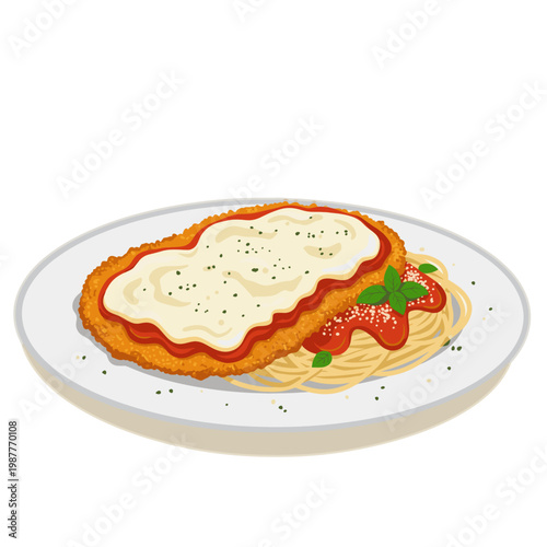 Classic Italian Chicken Parmigiana with Spaghetti and Tomato Sauce on a Plate, Vector Illustration Isolated on White