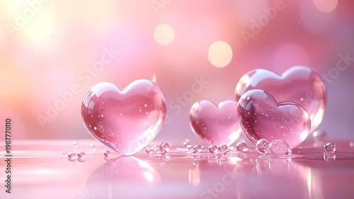 Beautiful pink glass hearts with water drops on a reflective surface with a blurred background