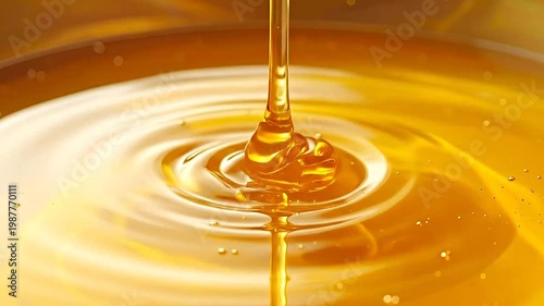 Close-up shot of a stream of golden liquid pouring into a pool of the same substance