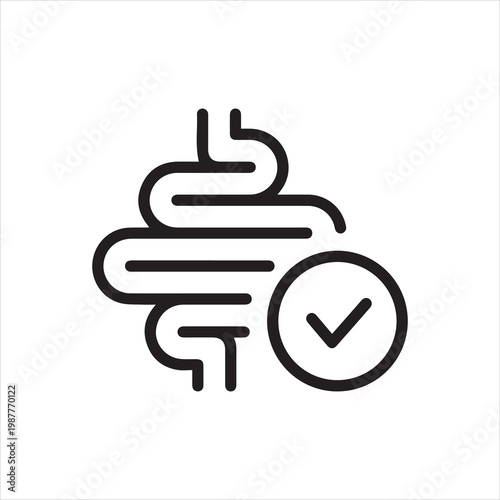 Intestines with checkmark, linear icon. Gut health or digestive wellness. Line with editable stroke.