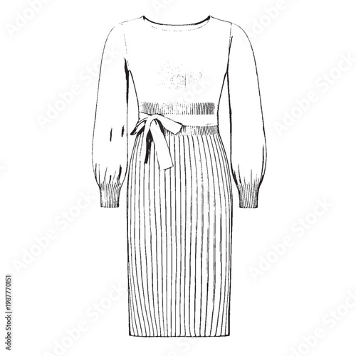 Elegant Ribbed Knit Dress with Sash Belt and Lantern Sleeves