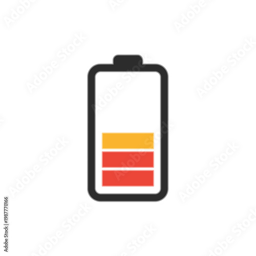 Low Battery Level Indicator Vector Icon Showing Weak Power Status with Red and Orange Segments
