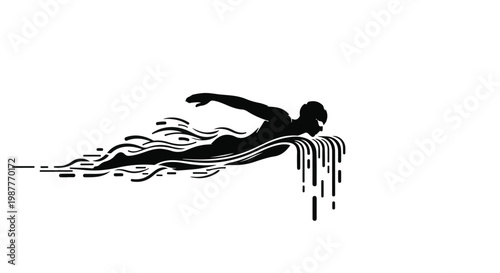 Swimmer glides through water depicted in a stylized black silhouette graphic with flowing lines.
