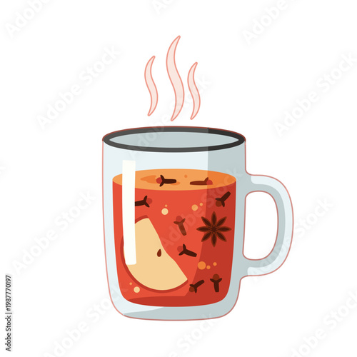 Mulled Wine or Hot Spiced Cider with Apple, Star Anise, and Cloves in a Glass Mug Vector Illustration