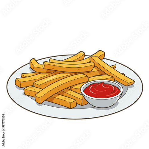 Delicious Crispy Golden French Fries Served on a Plate with Tomato Ketchup Dip Bowl Vector Illustration