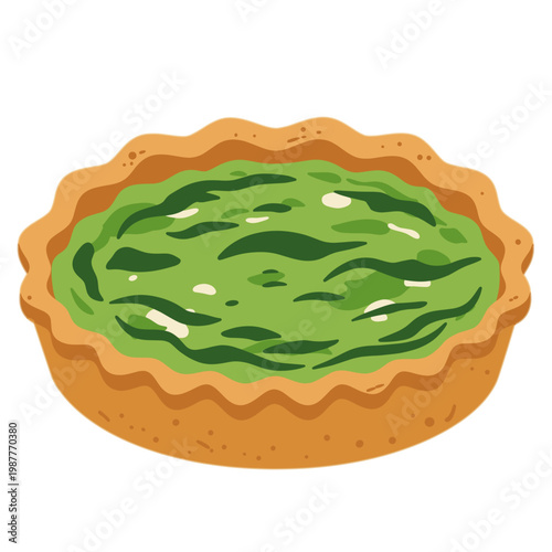 Savory spinach and cheese quiche in a golden pastry crust, isolated vector illustration
