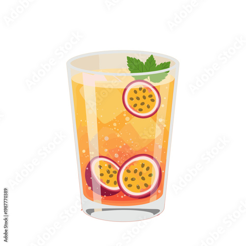 Refreshing Passion Fruit Drink with Ice Cubes and Mint Leaf Garnish Isolated on White Background