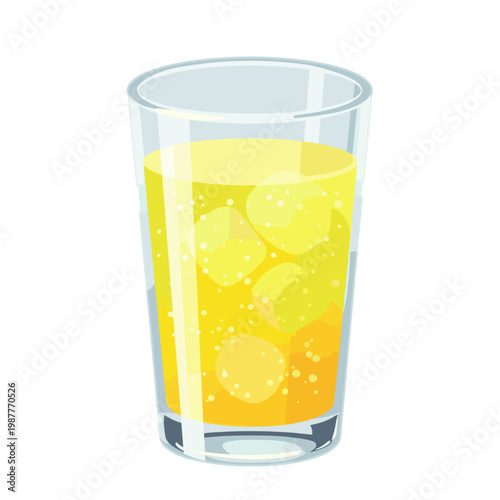 Refreshing Yellow Soda with Ice Cubes in a Glass, Vector Illustration Isolated on White Background