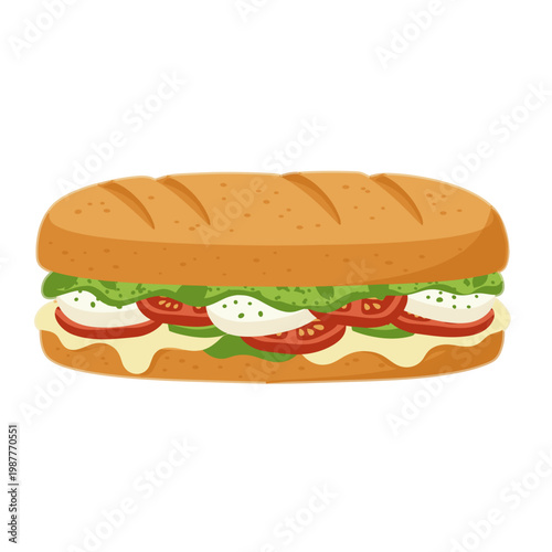 Italian Caprese Sub Sandwich with Mozzarella, Tomato, and Pesto on a Baguette, Isolated Vector Illustration