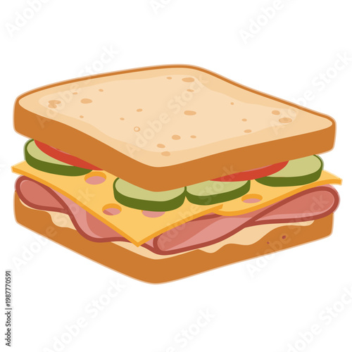 Delicious Ham and Cheese Sandwich with Cucumber and Tomato on White Bread Vector Illustration Isolated on White Background