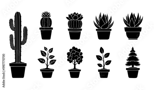 Minimal potted plant silhouette icon set simple houseplant and sapling vector illustration isolated on white background