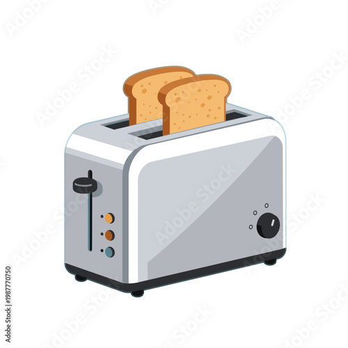 Modern silver kitchen toaster with two slices of toasted bread isolated on white background vector illustration.