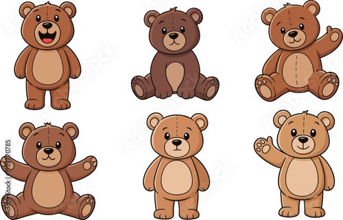 Cute Cartoon Teddy Bear Character Set with Chubby Brown Bears in Various Sitting and Standing Poses for Kids and Sticker Designs